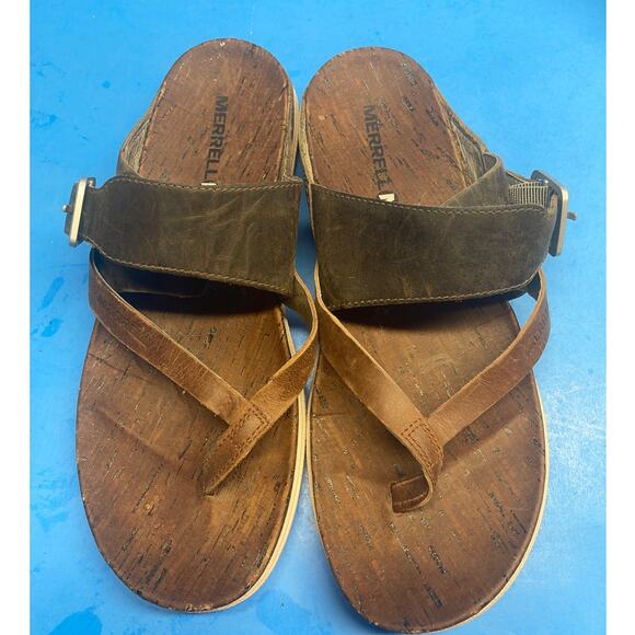 Merrell Around Town Thong Leather Sandals Women Size 8 Brown Flats Buckle Slide - Picture 8 of 10
